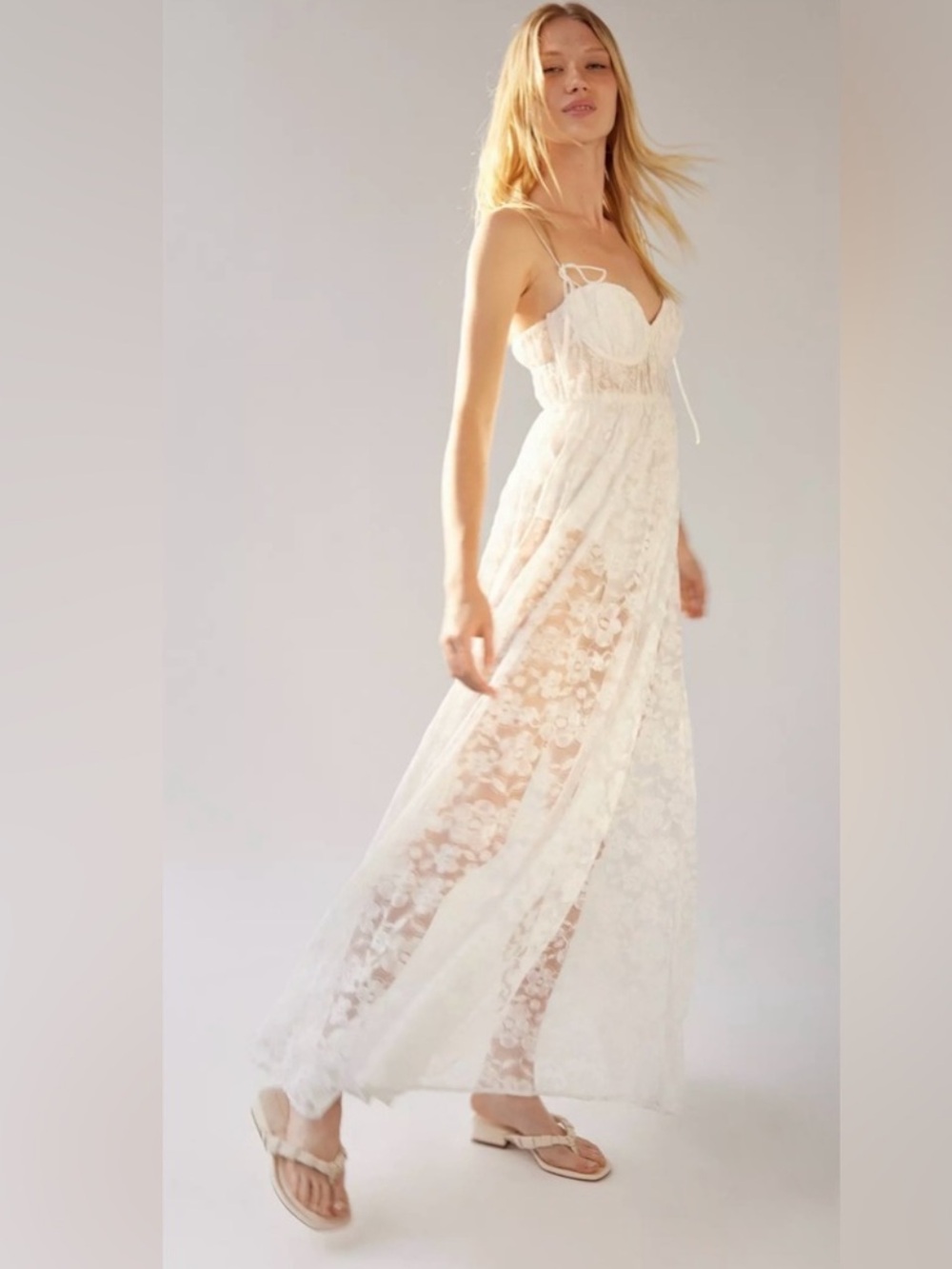 For Love & Lemons White Lace Maxi Slip Dress with Sheer Floral Skirt - Picture 3 of 14